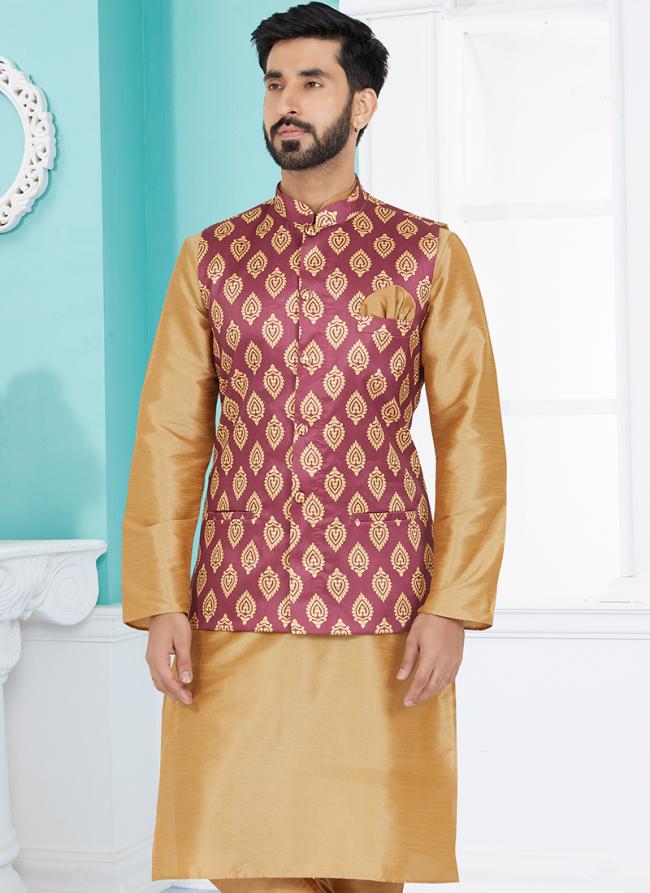 Banarasi Dhupion Pink Wedding Wear Banarasi Work Modi Jacket Kurta Pajama